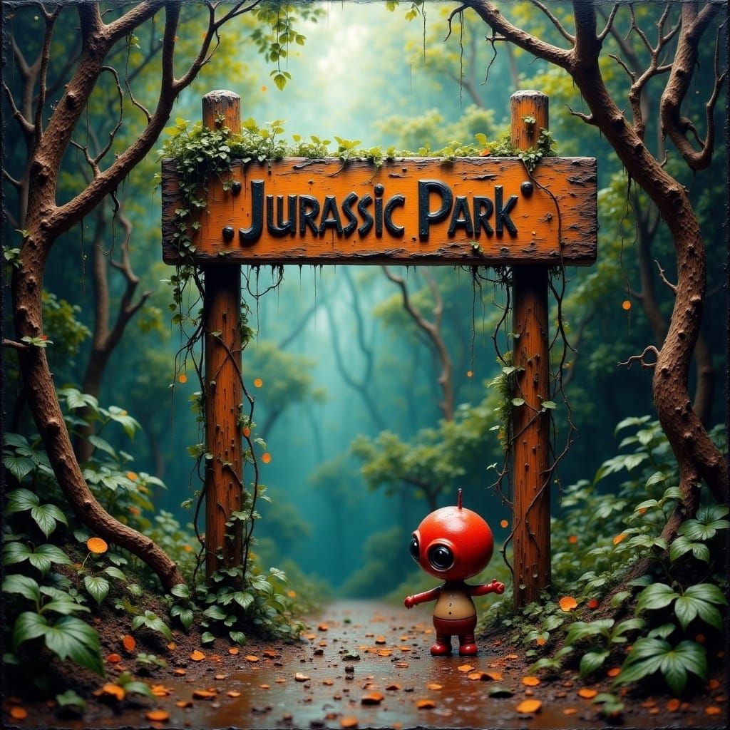 Weathered Jurassic Park Signpost in a Prehistoric Jungle