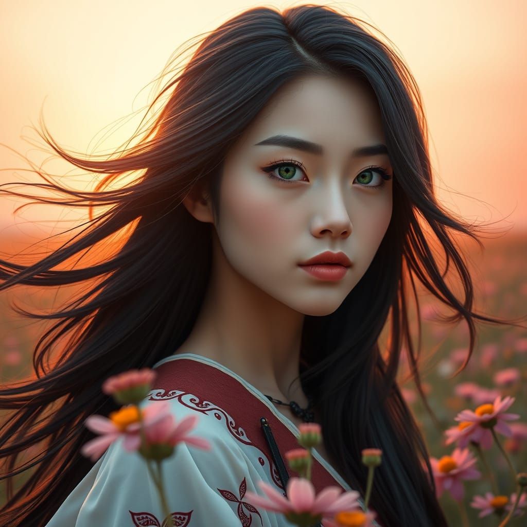 Japanese Woman in Wildflower Field at Dawn