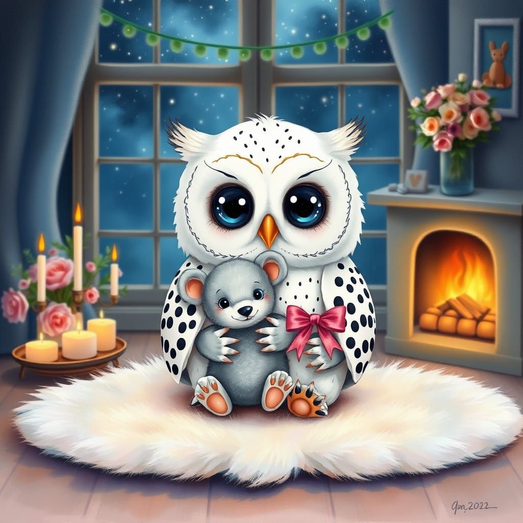 Soothing Scene of a Happy Baby Owl with a Gray Teddy Mouse