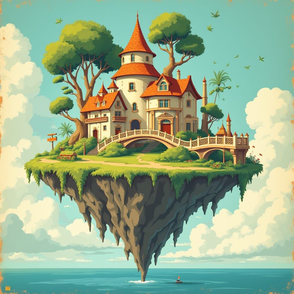 Retro Advertisement for Whimsical Floating Island