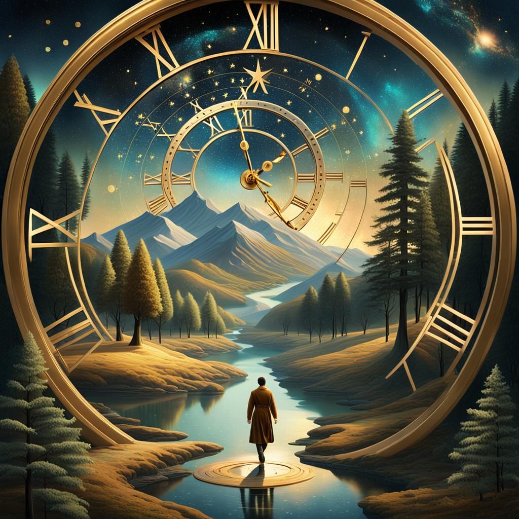 Golden Clockwork Surrealism: Serene Forest in Cosmic Expanse