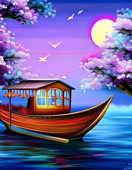 Surreal Gondola Under Night Sky Blooms