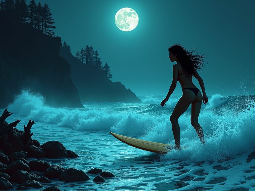 Dreamy Nighttime Surfer on Coastal Shores in Ethereal Light