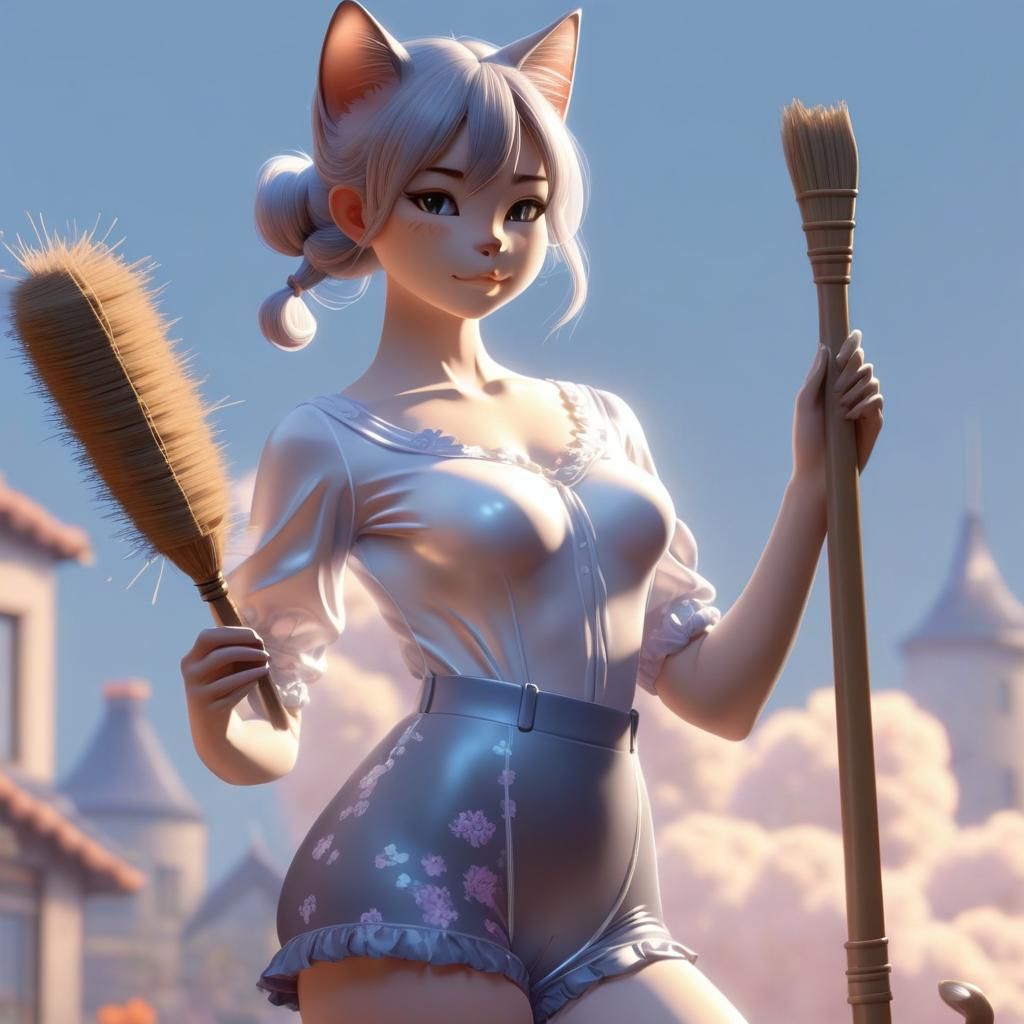 Katz with body design of a cat cleaning lady dressed in tigh...