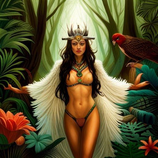 Ethereal Aztec Goddess Ritual in Vibrant Jungle Landscape