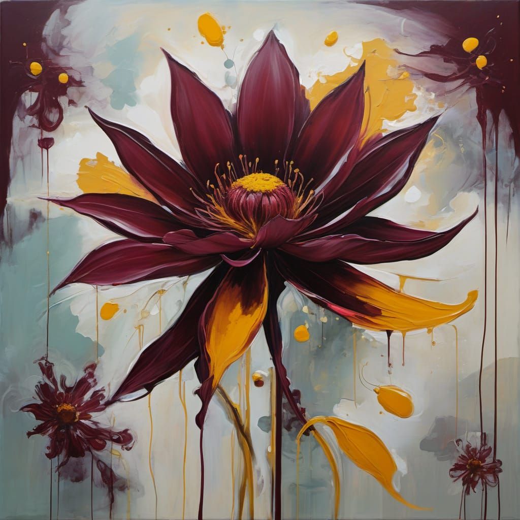 Somber Maroon and Saffron Abstract Floral Painting