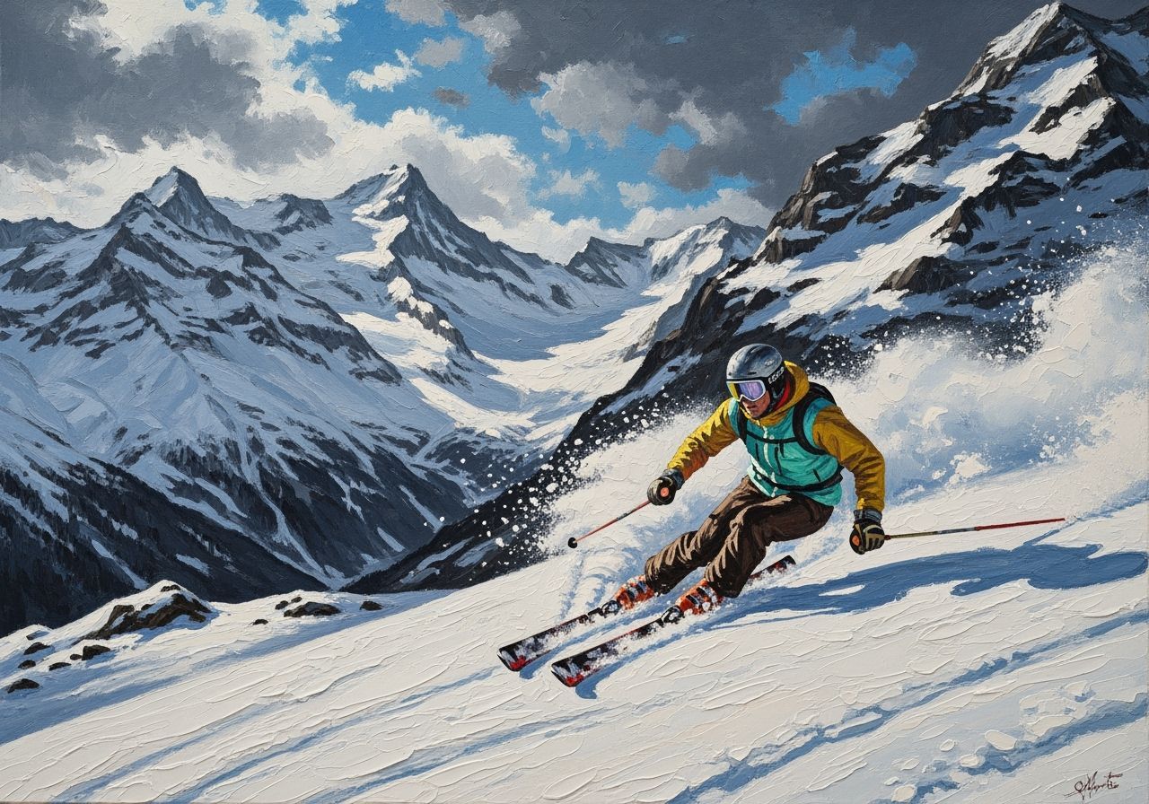 Alpine Skier in Swiss Alps Oil Painting