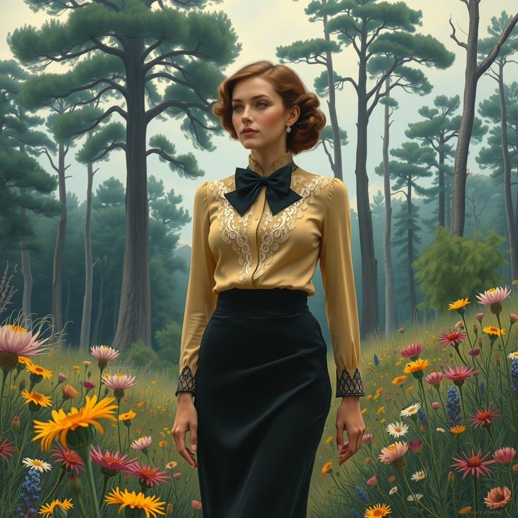 Elegant Lady Amidst Whimsical Woodland