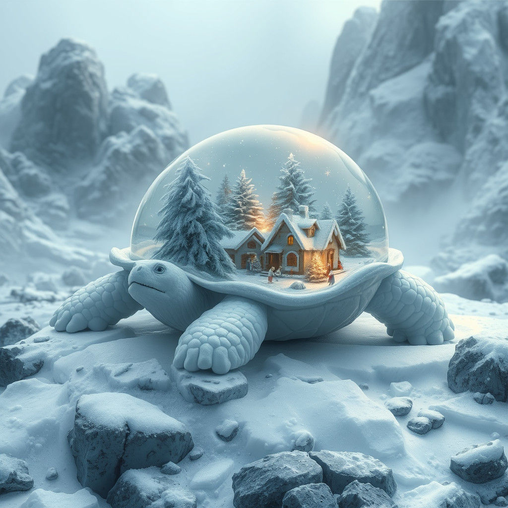 Ethereal Ice Tortoise in a Snowy Winter Wonderland with Mini...