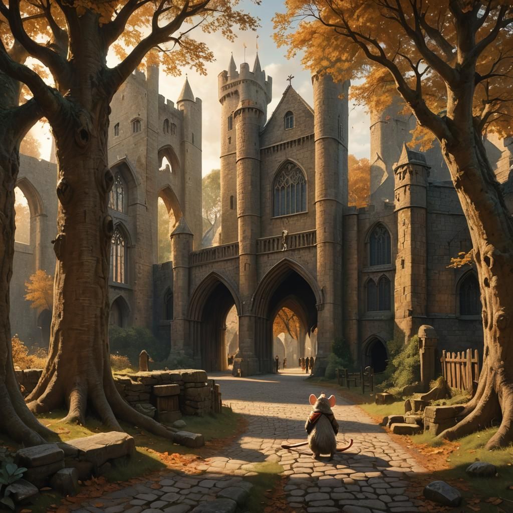 Epic Fantasy Scene: Redwall Abbey's Gateway in Autumn