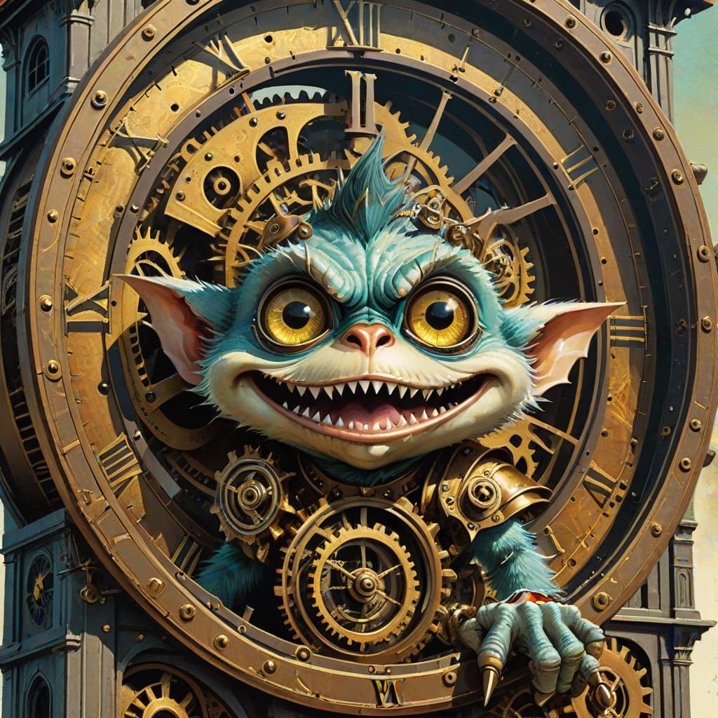 Whimsical Gremlin Tinkers with Colossal Clock Tower