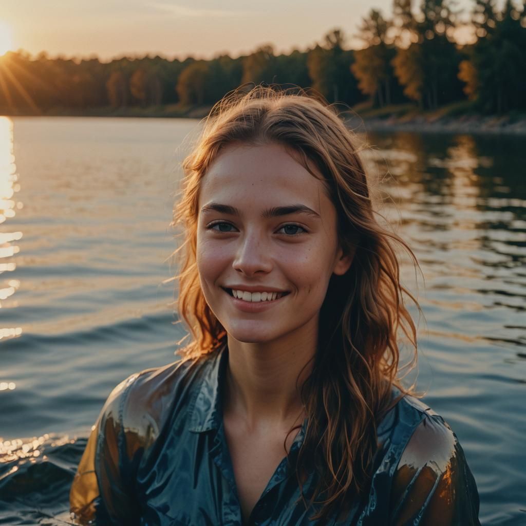 Sensual Young Woman Embracing Sunset's Warm Light