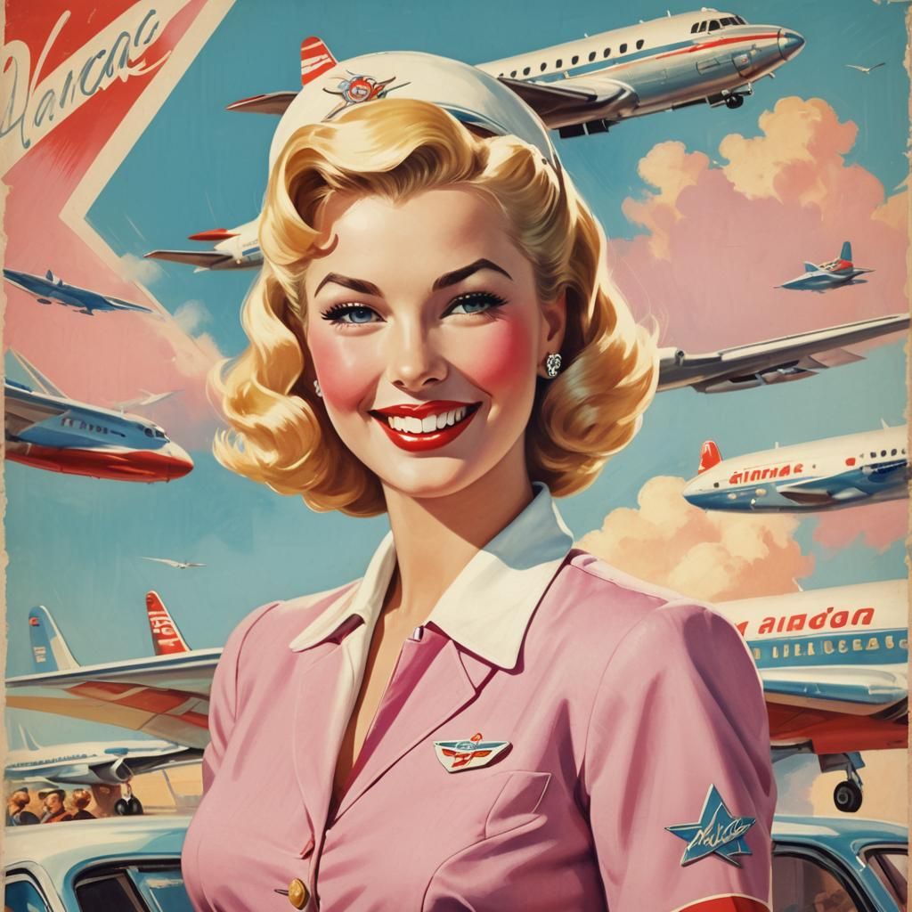 Vintage Flight Attendant Pin-Up Girl in Soft Pastel Colors
