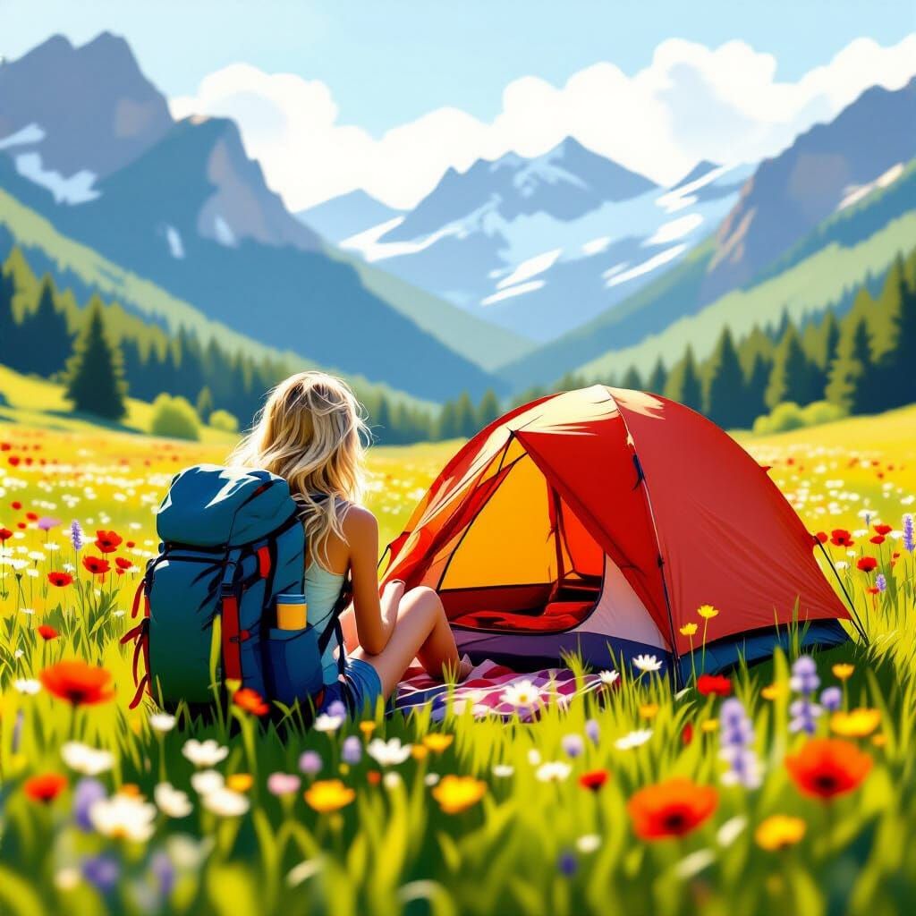 Blonde Backpacker and Red Tent in Spring Mountain Field