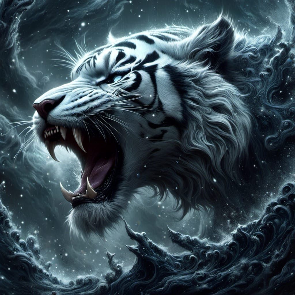 Surreal Snow Tiger Goddess in Rotting Cyberpunk Style