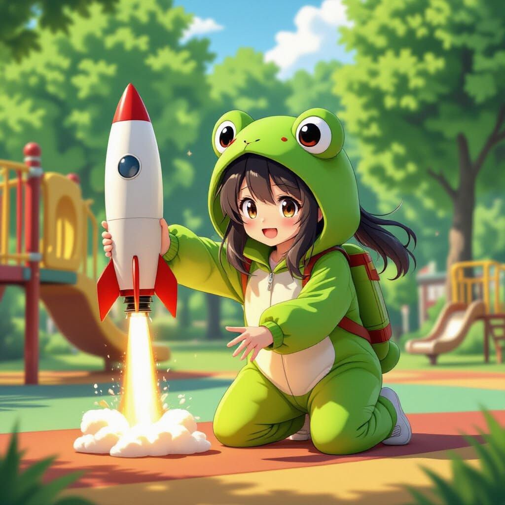 Anime Girl in Frog Kigurumi Launches Rocket on Playground