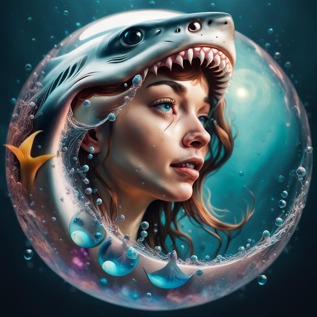 Hyperrealistic Shark Portrait in Water Droplet