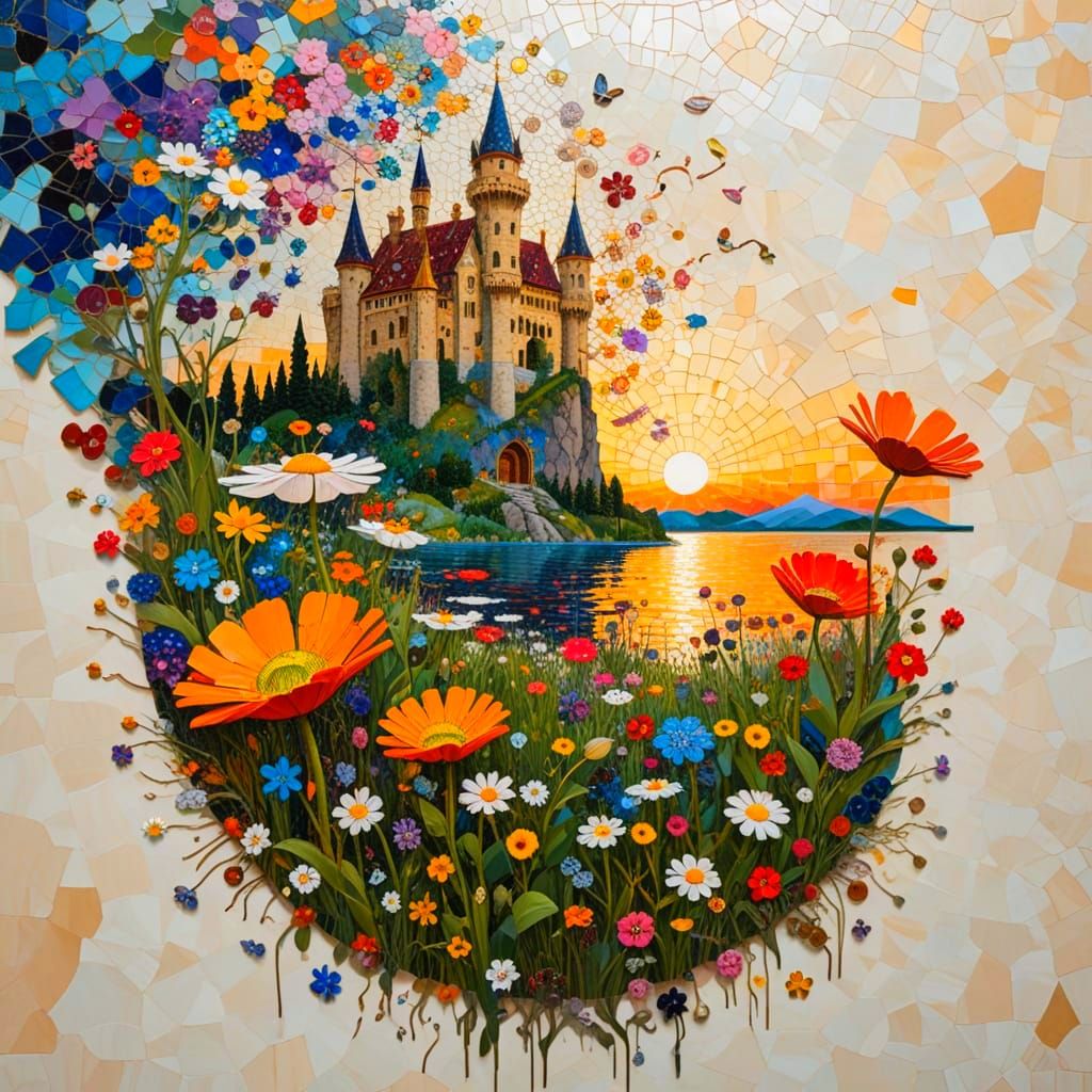 Castle Lake Sunset with Wildflowers in Klimt Mosaic Style