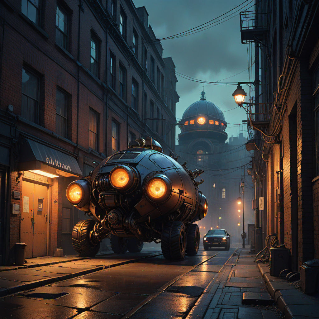 Dieselpunk Bomb in London Alleyway Scene