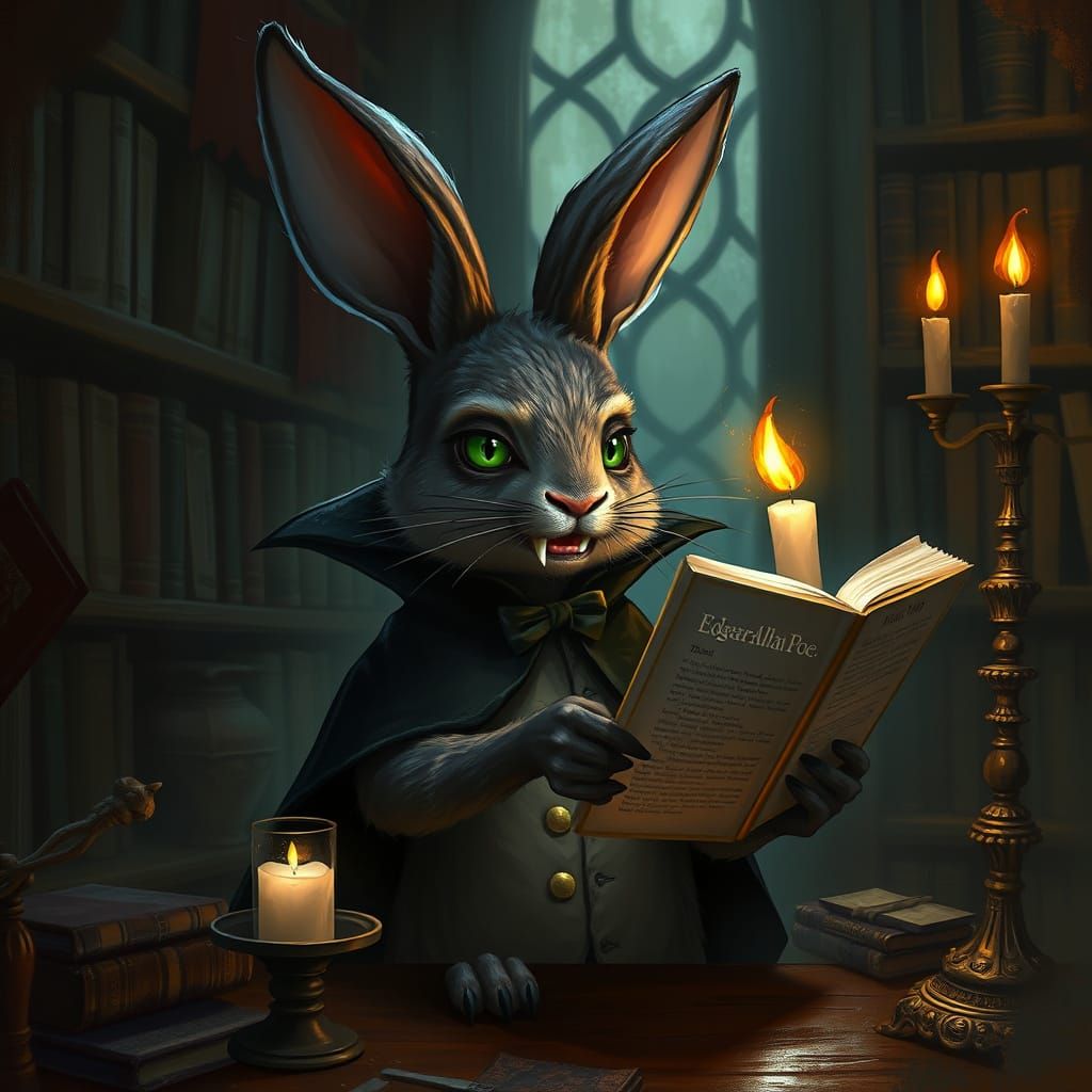 Vampire Rabbit Reads Poe in Gothic Library