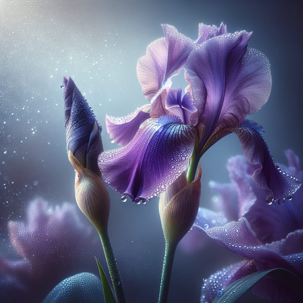 Elegant Deep Purple Iris in Morning Dew