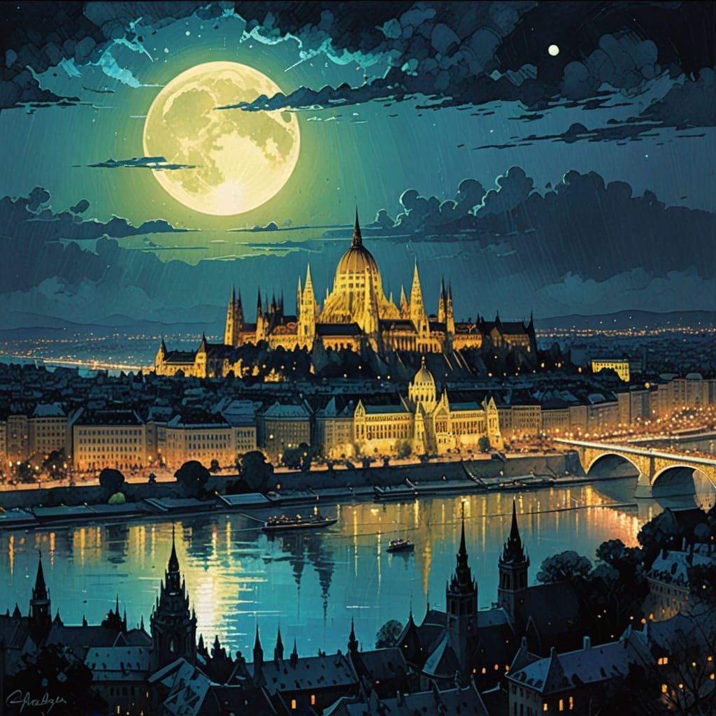 Budapest Skyline Shimmers Under Watercolor Moonlight