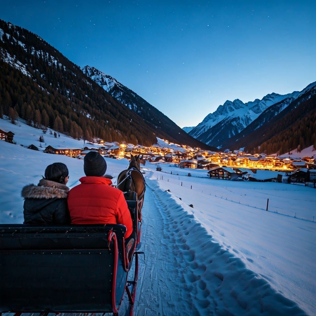 Winter Sleigh Ride to a Brightly Lit Village