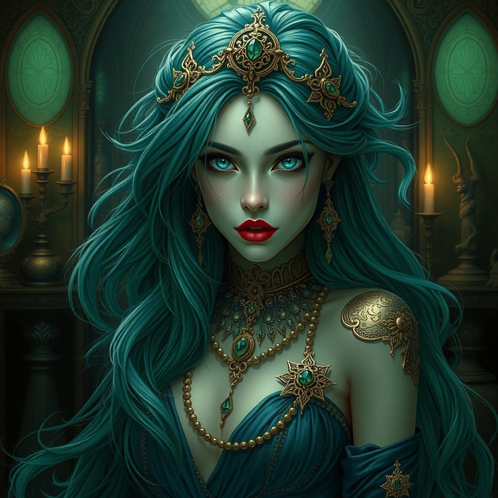 Vampire Woman with Turquoise Eyes in Art Nouveau Style
