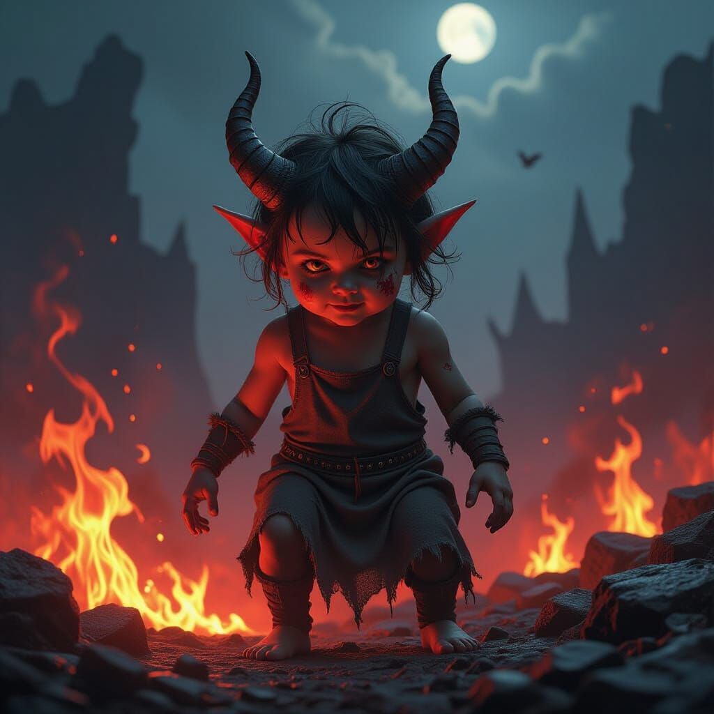 Mischievous Demon Child in Hellish Landscape