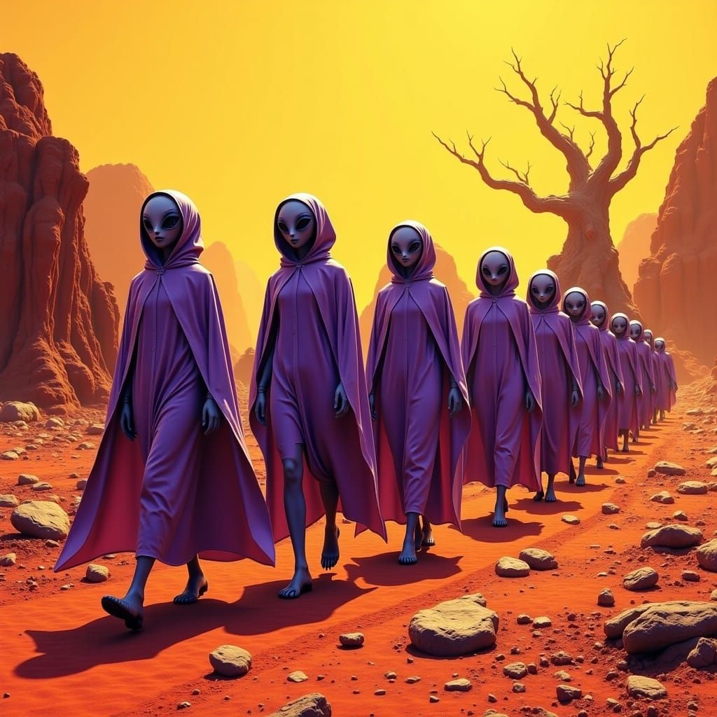 Ethereal Alien Procession Across Barren Desert Planet