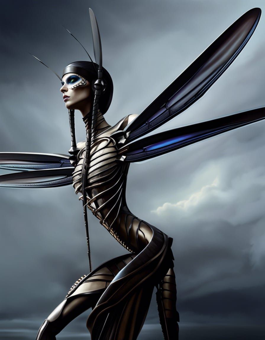 Retrofuturistic Dragonfly Goddess in Gothic Hyperrealism