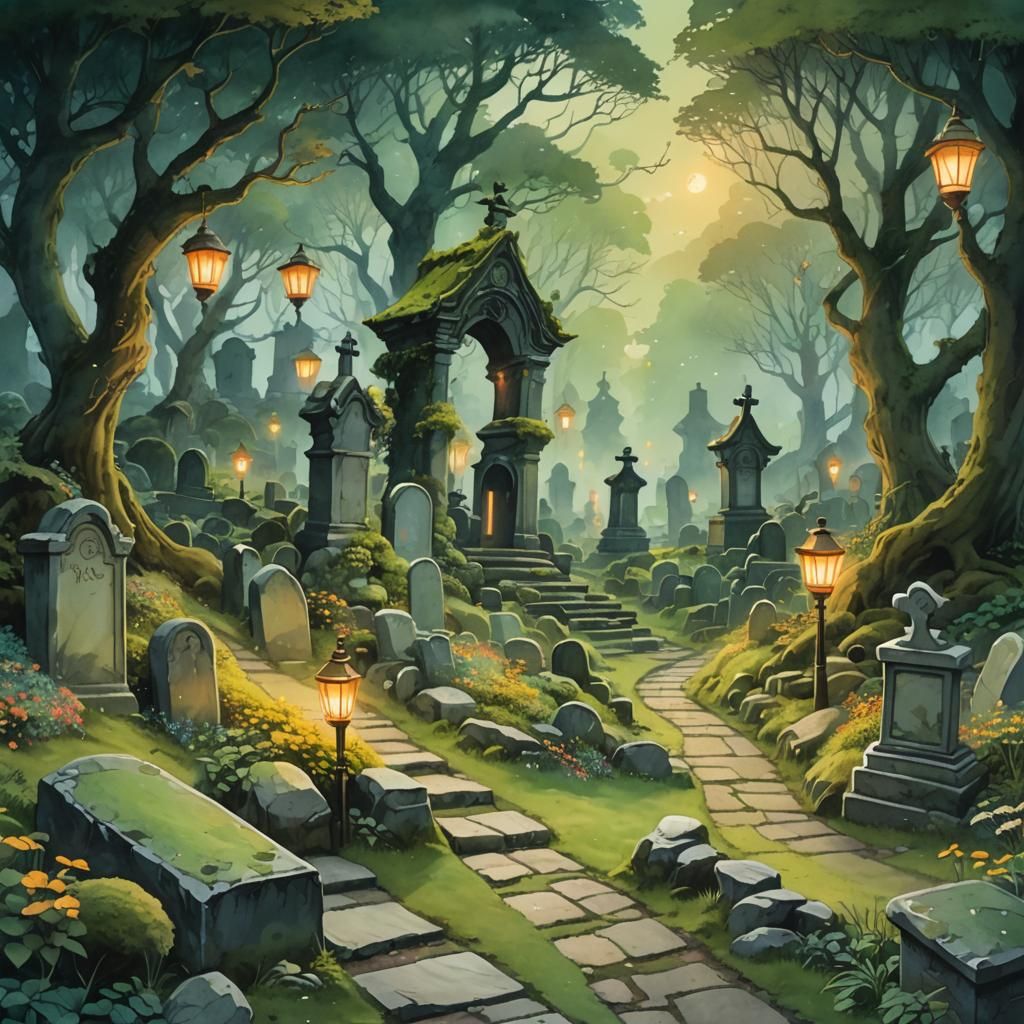 Whimsical Watercolor Graveyard in Ghibli Style
