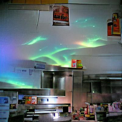 Vibrant Aurora Dance Illuminates a Surreal Kitchen Scene