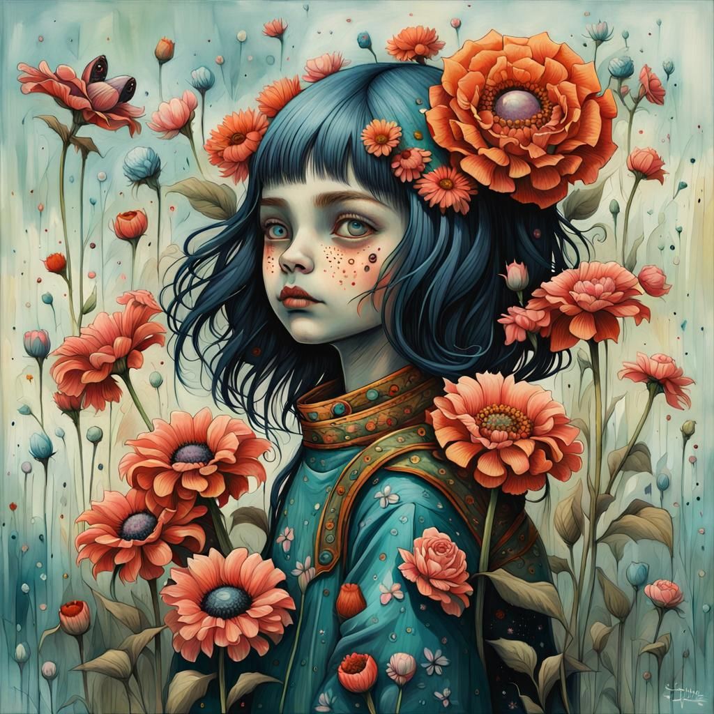 Radiant Girl Among Blooming Flowers in Vibrant 3D Art