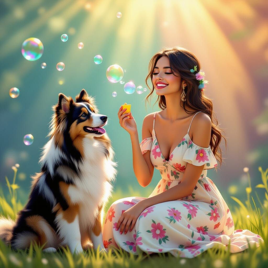 Woman and Collie Blowing Bubbles in 3D Style