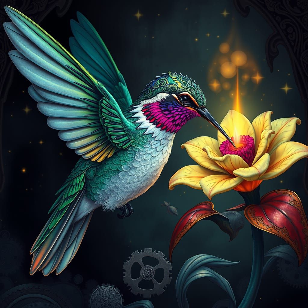 Bioluminescent Hummingbird in Starlit Temple: Art Nouveau