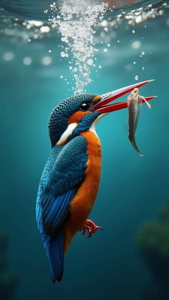 Kingfisher Catches Fish Underwater in Hyperrealistic Digital...