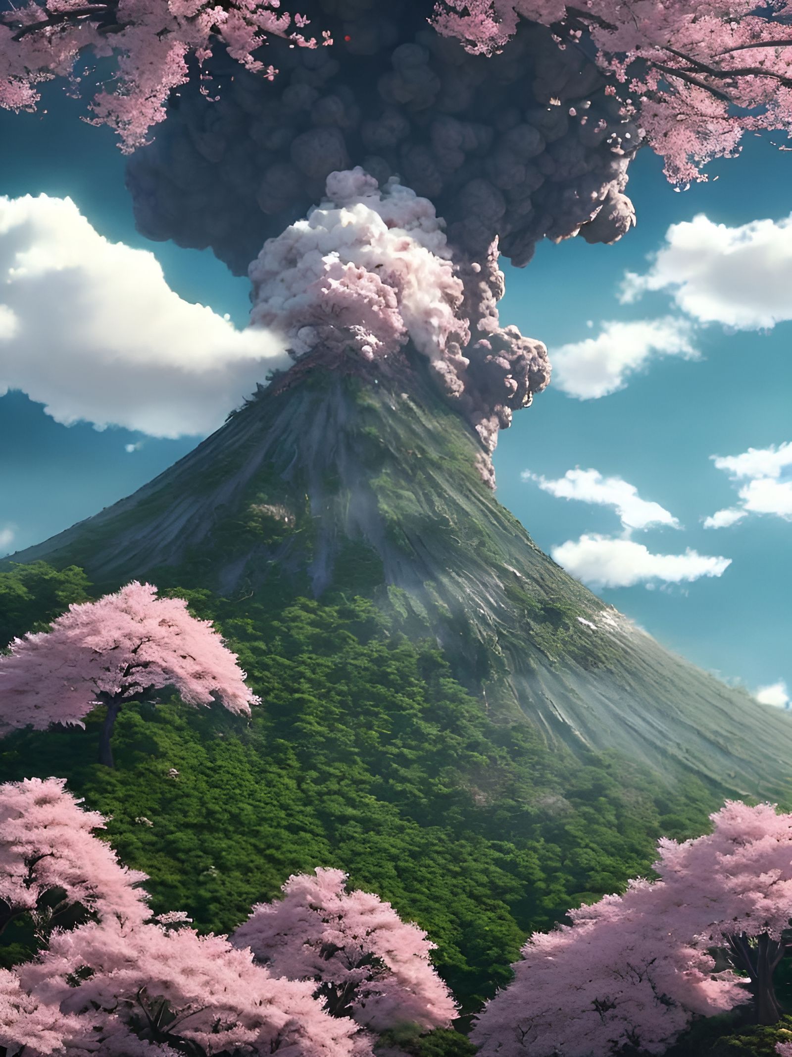 Vibrant Sakura Volcano Erupts in Epic Anime Landscape