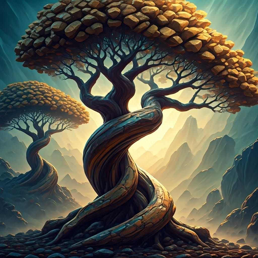 Glowing Tiger Eye Arbors in Dreamlike Landscape