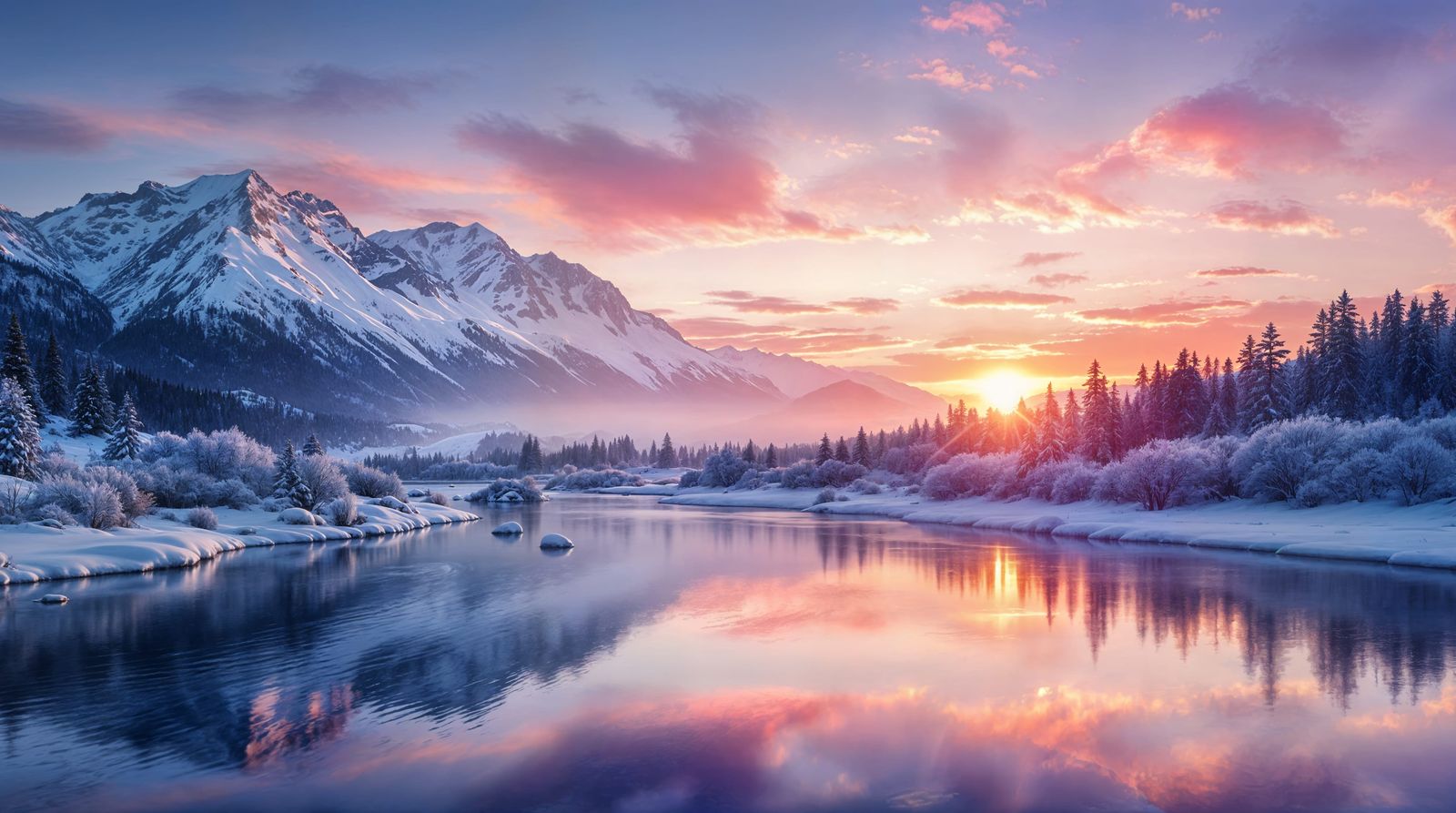 Breathtaking Winter Sunrise Over Majestic Mountains