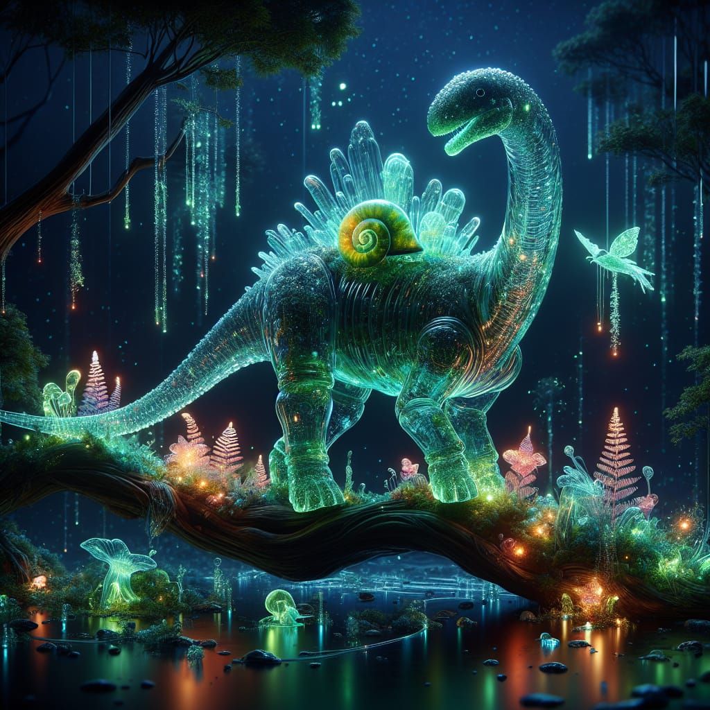 Delicate Jade Crystal Brontosaurus Illuminated with Biolumin...