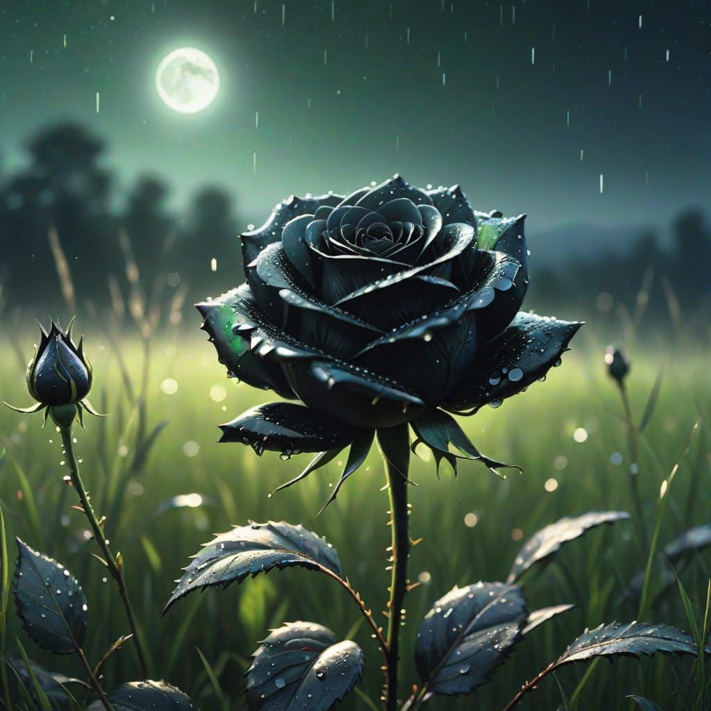 Hyperrealistic Black Rose in Moonlight