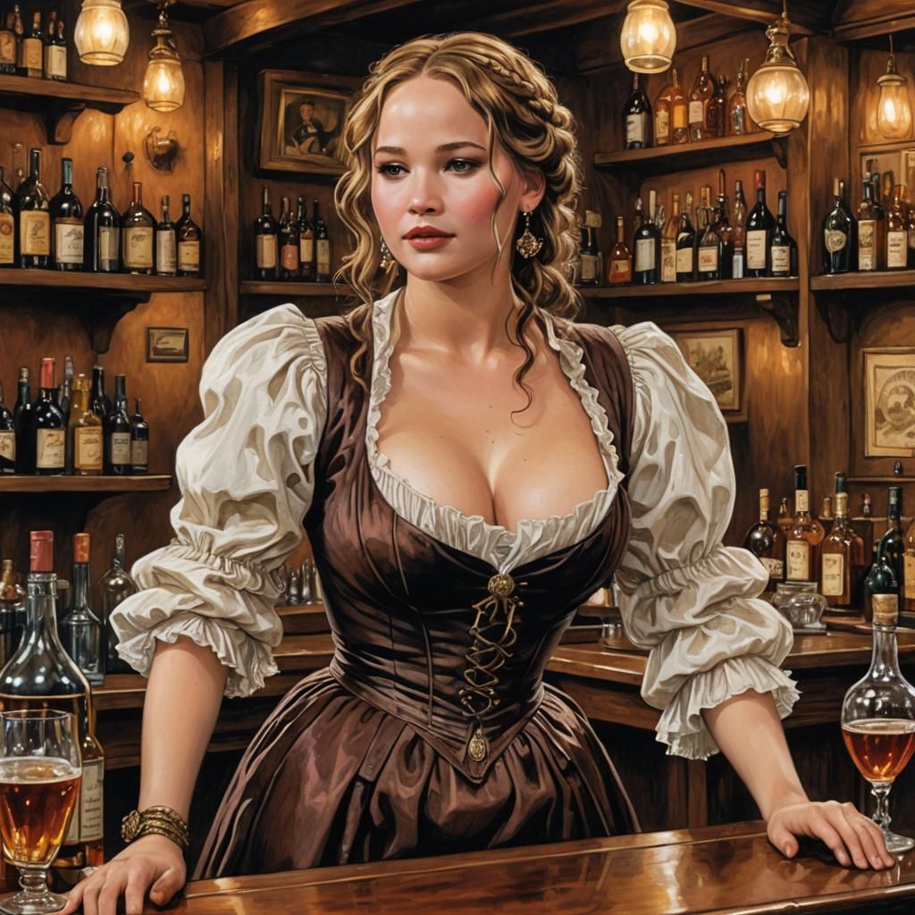 Jennifer Lawrence as 17th century Bartender in a harbor