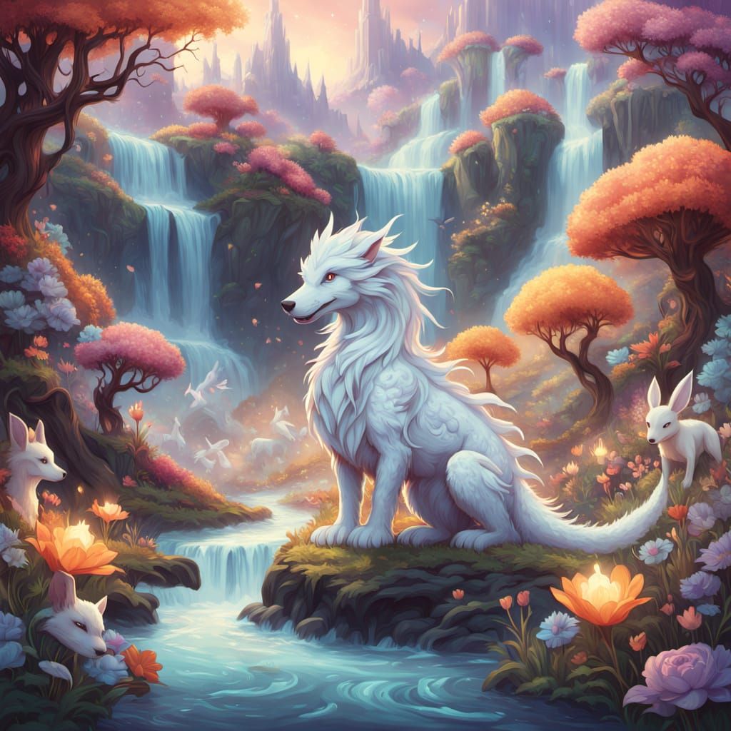 Whimsical Fantasy Army Led by Fluffy Dog and White Dragon
