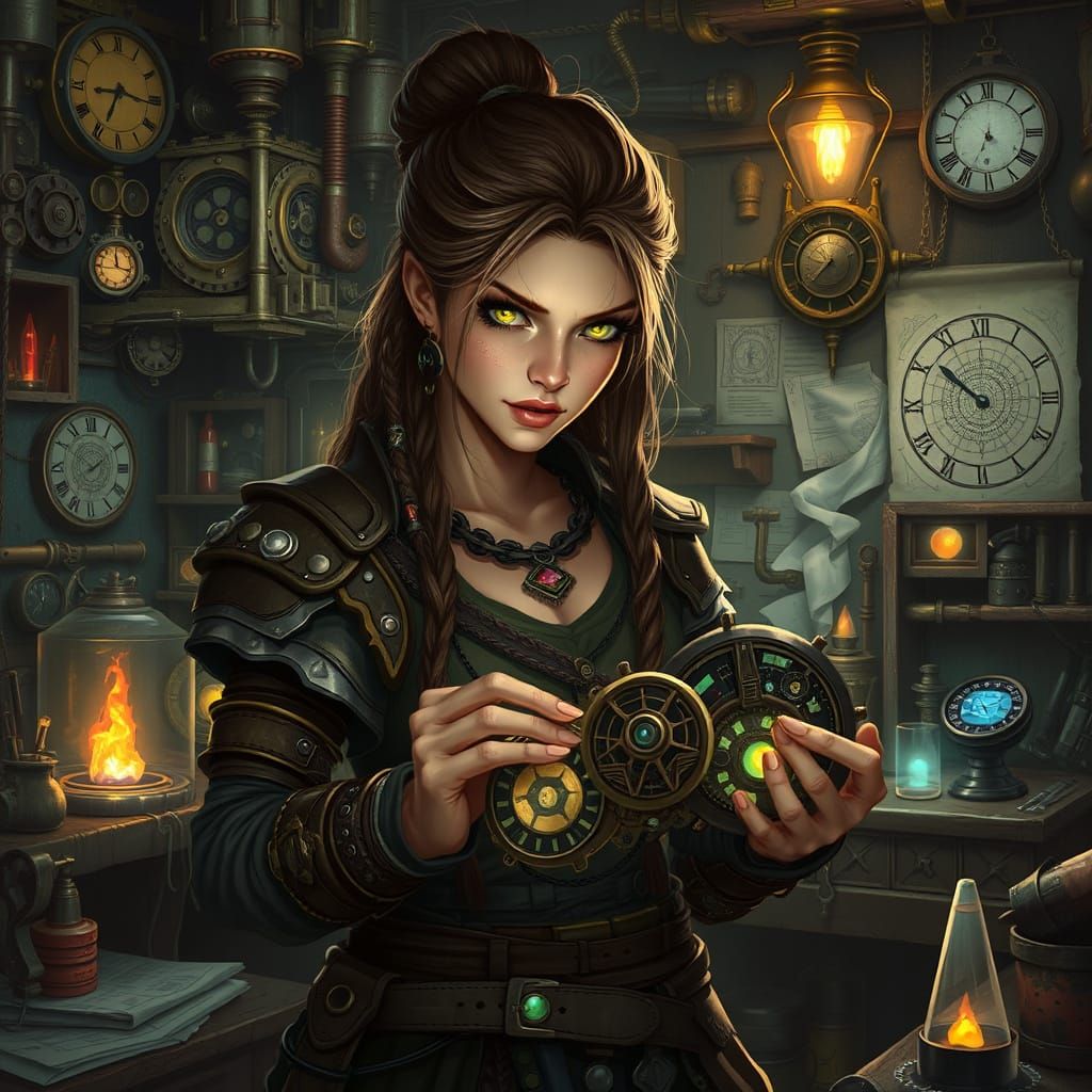 Steampunk Artificer in Elegant Workshop of Intricate Clockwo...