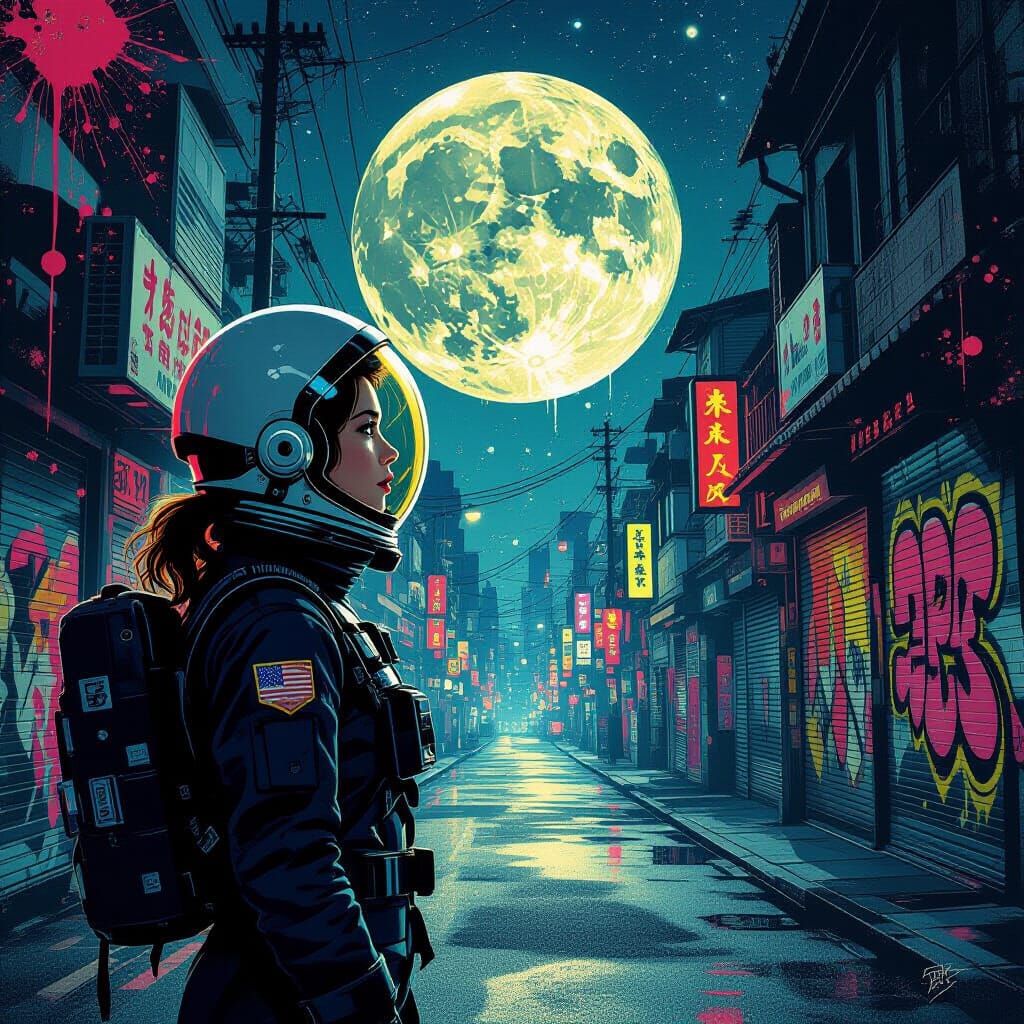 Astronaut Gazes at Luminous Moon in Hypermaximalist Urban Sc...