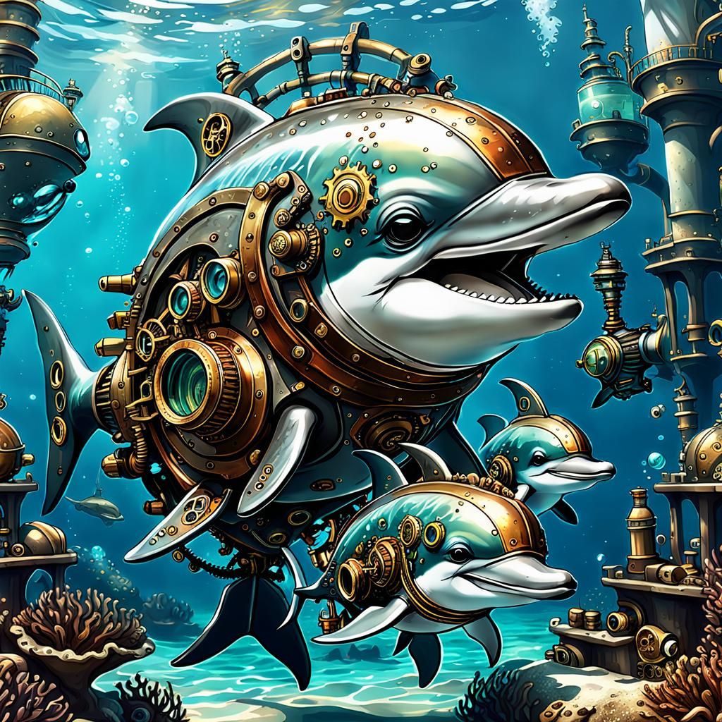Chibi Steampunk Dolphins Explore Vibrant Underwater City