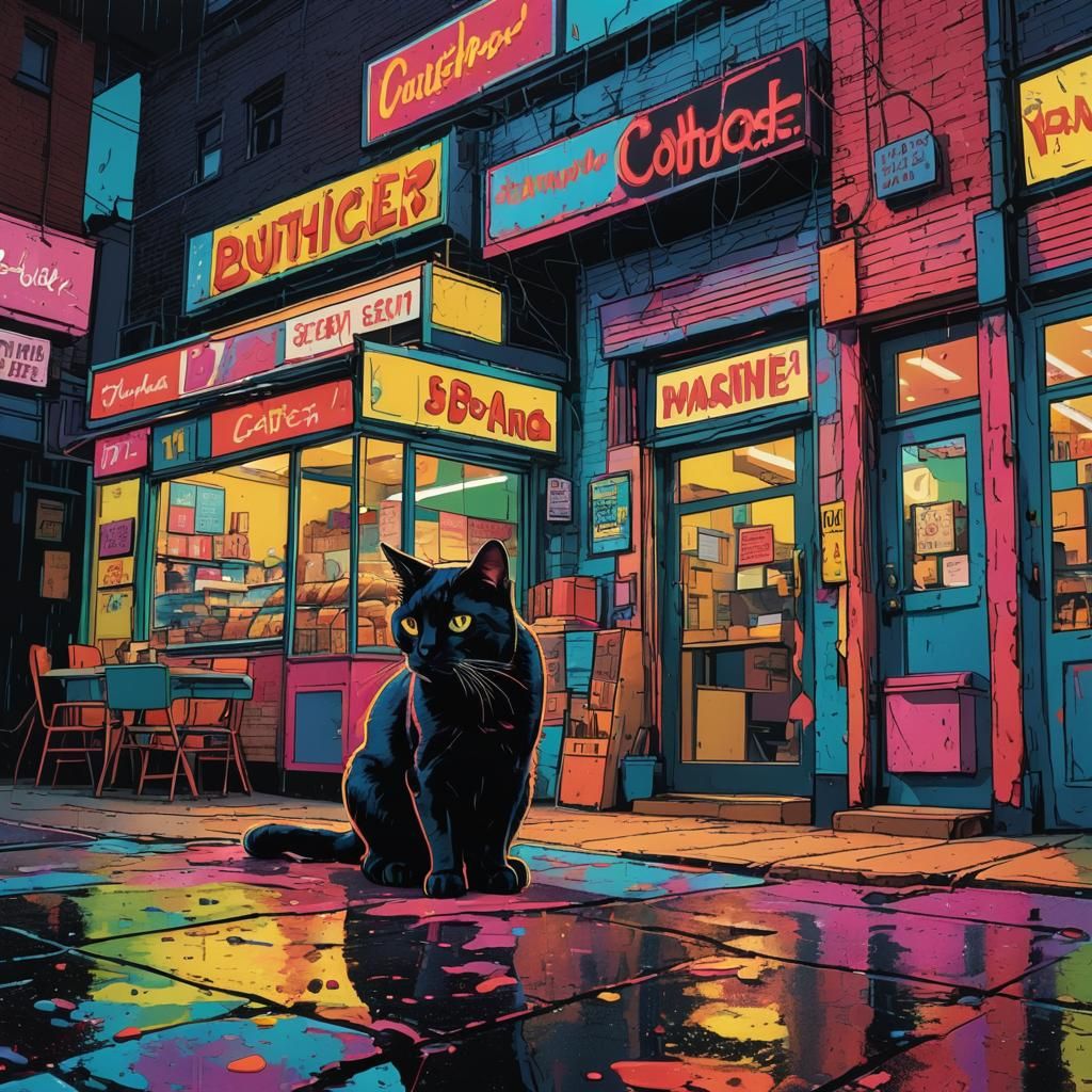 Bright Comic Book-Inspired Black Cat in Neon Light
