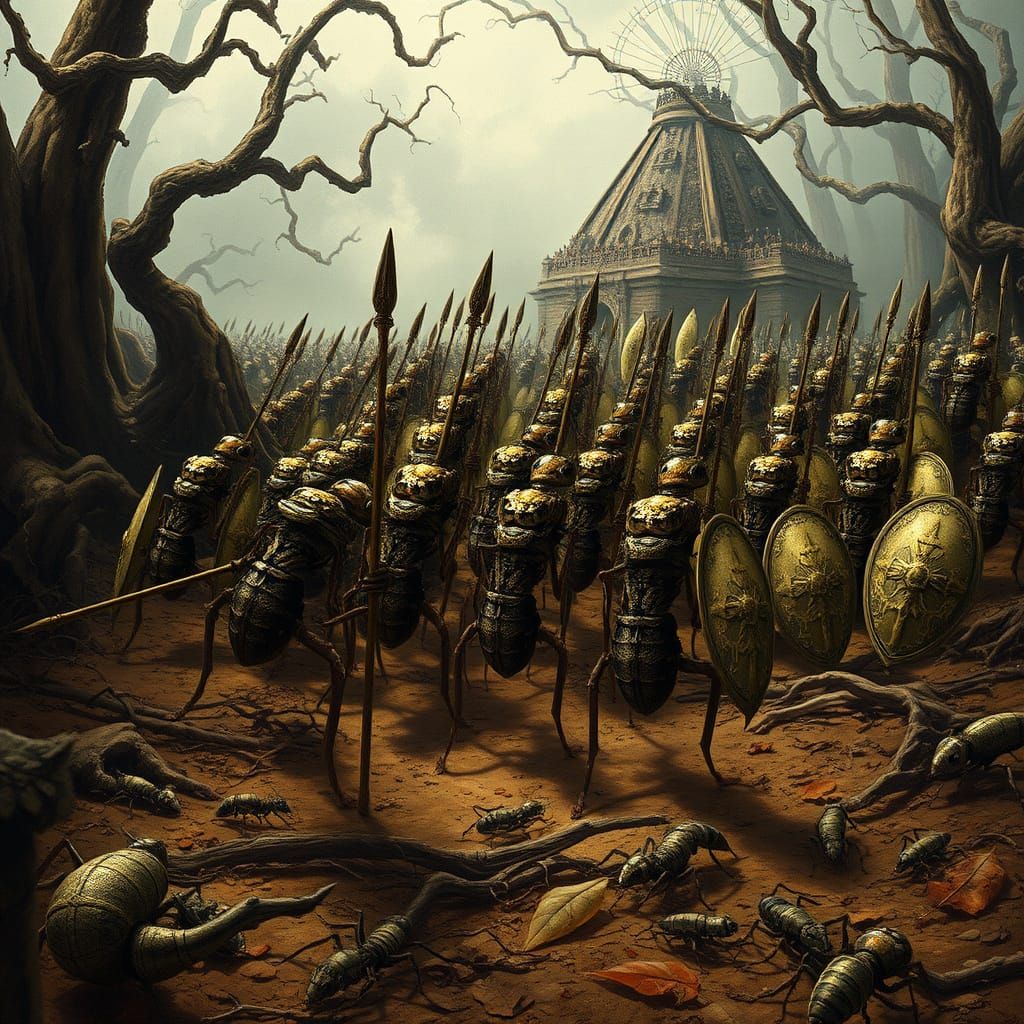 Medieval Ants Wage Battle on Termite Mound in Folk Art Style