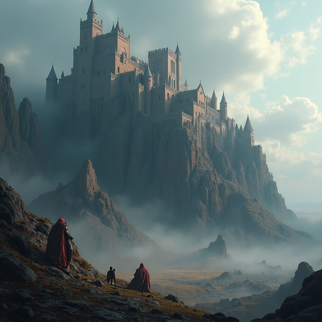 Medieval Fortress on Cliffside, War-Torn Battlefield Below,...